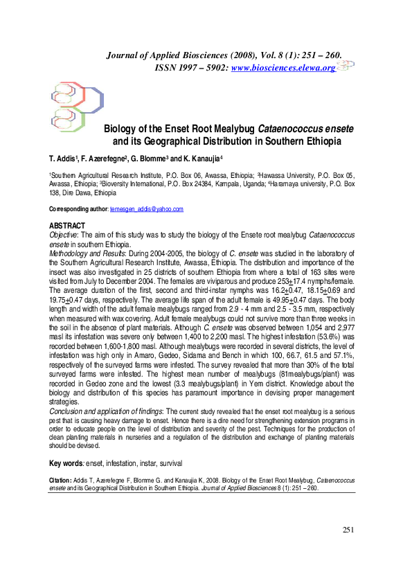 (PDF) Biology of enset root mealybug (Cataenococcus ensete) Williams ...