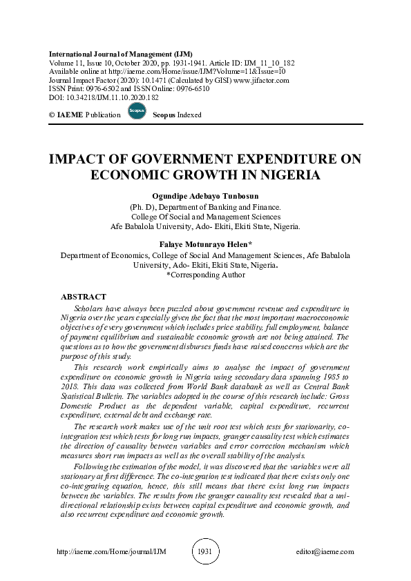 (PDF) IMPACT OF GOVERNMENT EXPENDITURE ON ECONOMIC GROWTH IN NIGERIA