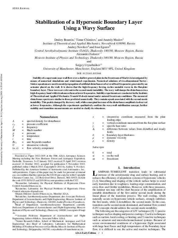 (PDF) Stabilization of a Hypersonic Boundary Layer Using a Wavy Surface