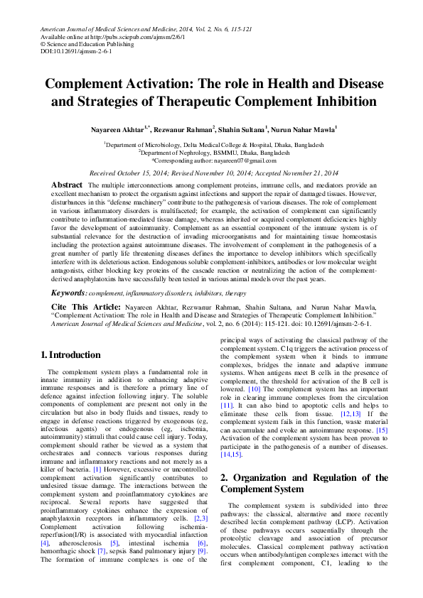 (PDF) Complement Activation: The role in Health and Disease and ...