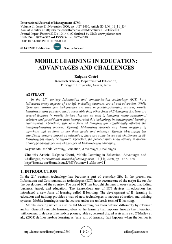 (PDF) MOBILE LEARNING IN EDUCATION: ADVANTAGES AND CHALLENGES