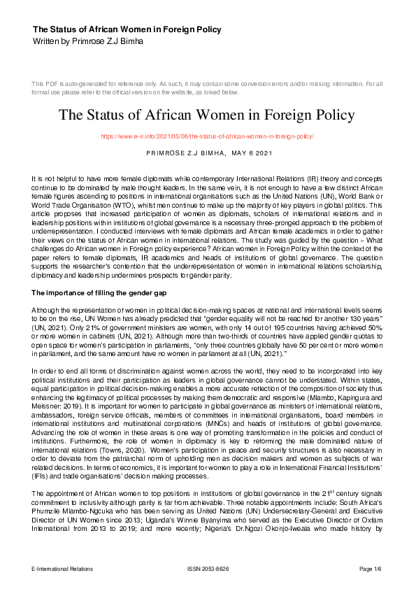 (PDF) The Status of African Women in Foreign Policy