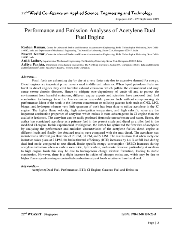 (PDF) Performance and Emission Analyses of Acetylene Dual Fuel Engine