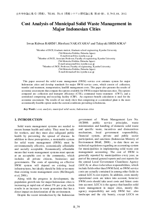 (PDF) Cost Analysis of Municipal Solid Waste Management in Major ...