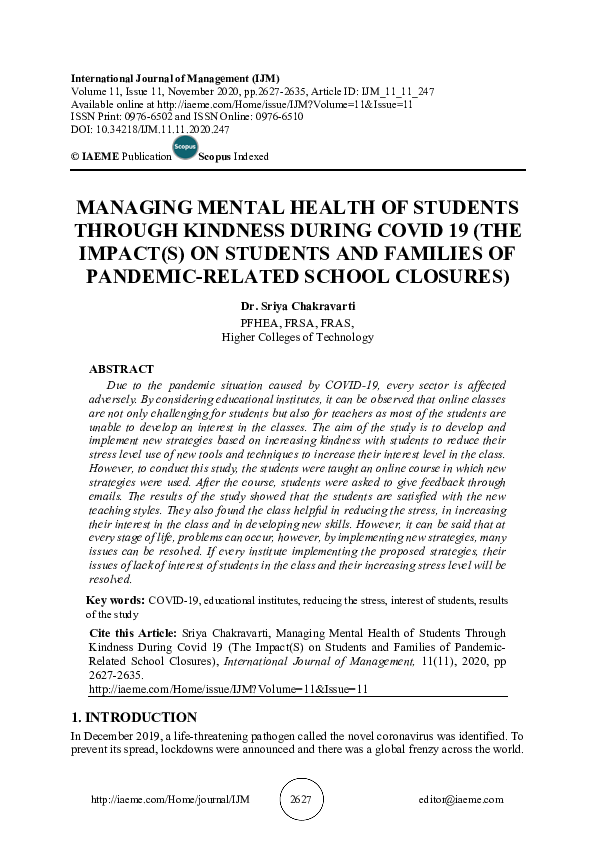 (PDF) MANAGING MENTAL HEALTH OF STUDENTS THROUGH KINDNESS DURING COVID ...