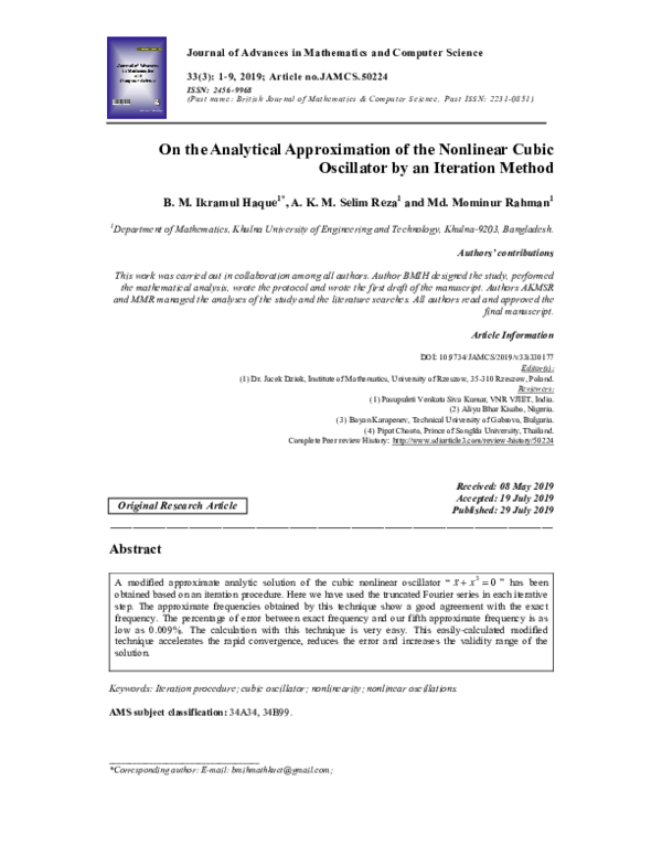 (PDF) On the Analytical Approximation of the Nonlinear Cubic Oscillator ...