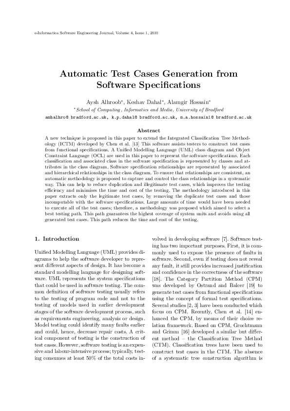 (PDF) Automatic Test Cases Generation from Software Specifications