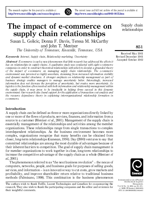 (PDF) The impact of e‐commerce on supply chain relationships