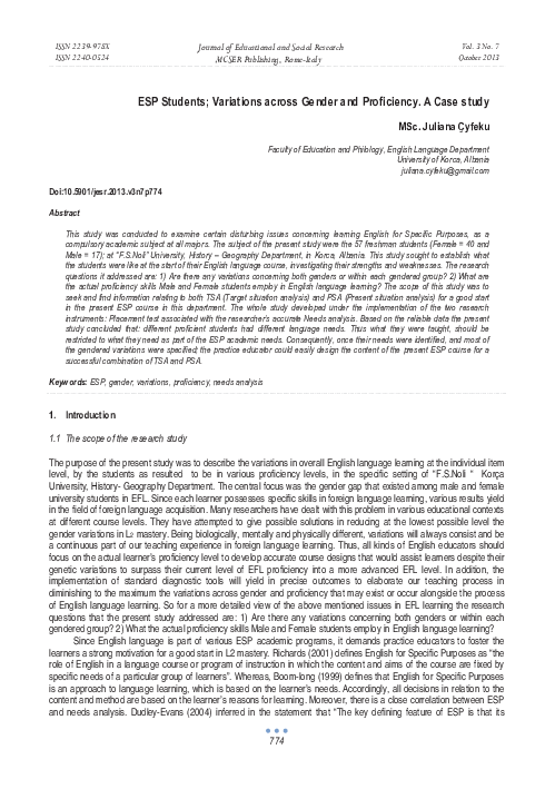 (PDF) ESP Students; Variations across Gender and Proficiency. A Case study