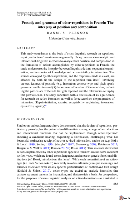 (PDF) Prosody and grammar of other-repetitions in French: The interplay ...