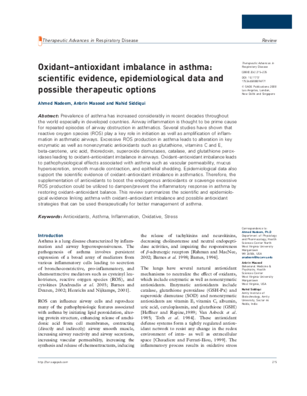 PDF) Review: Oxidant--Antioxidant Imbalance In Asthma: Scientific Evidence,  Epidemiological Data and Possible Therapeutic Options