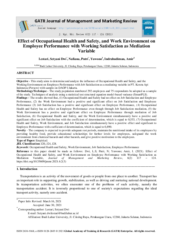 (PDF) Effect of Occupational Health and Safety, and Work Environment on ...