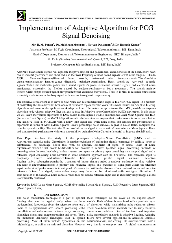 (PDF) IMPLEMENTATION OF ADAPTIVE ALGORITHM FOR PCG SIGNAL DENOISING