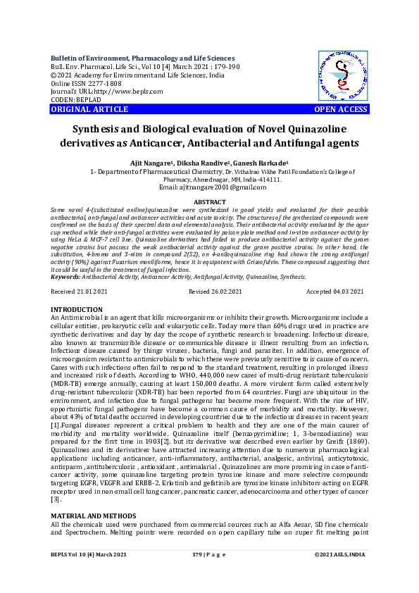 (PDF) Synthesis and Biological evaluation of Novel Quinazoline ...
