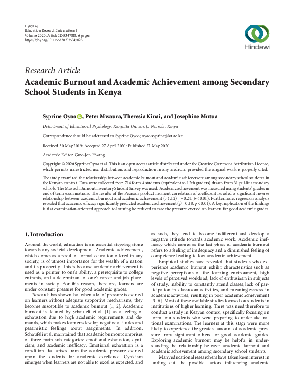 (PDF) Academic Burnout and Academic Achievement among Secondary School ...