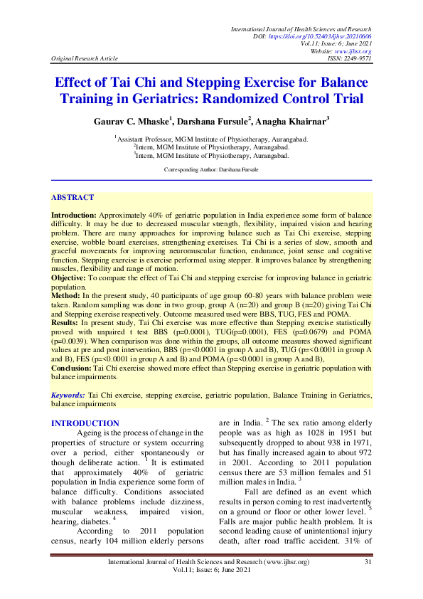(PDF) Effect of Tai Chi and Stepping Exercise for Balance Training in ...