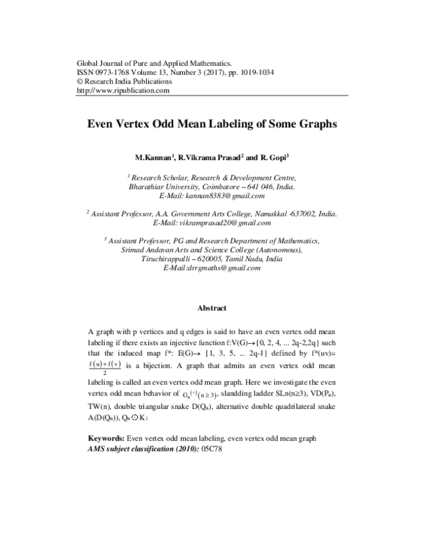  PDF Even Vertex Odd Mean Labeling Of Some Graphs Kannan Erode Academia edu