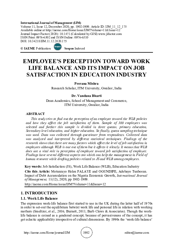 (PDF) EMPLOYEE’S PERCEPTION TOWARD WORK LIFE BALANCE AND ITS IMPACT ON ...