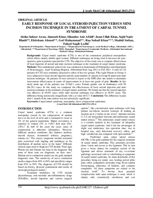(PDF) Comparing Local Steroid Injection and Mini Incision for CTS