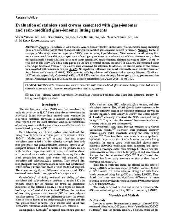 (PDF) Evaluation of stainless steel crowns cemented with glassionomer