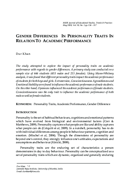 (PDF) GENDER DIFFERENCES IN PERSONALITY TRAITS IN RELATION TO ACADEMIC ...