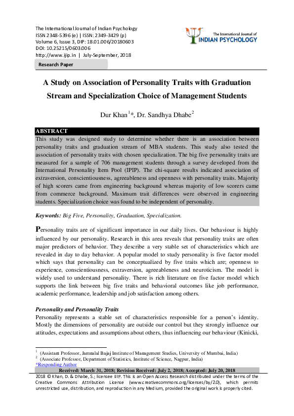(PDF) A Study on Association of Personality Traits with Graduation ...