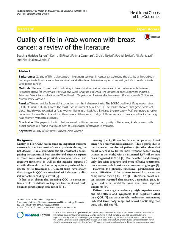 (PDF) Quality of life in Arab women with breast cancer: a review of the ...