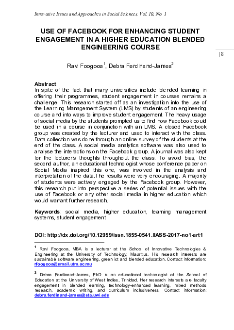 (PDF) Use of Facebook for Enhancing Student Engagement in a Higher ...