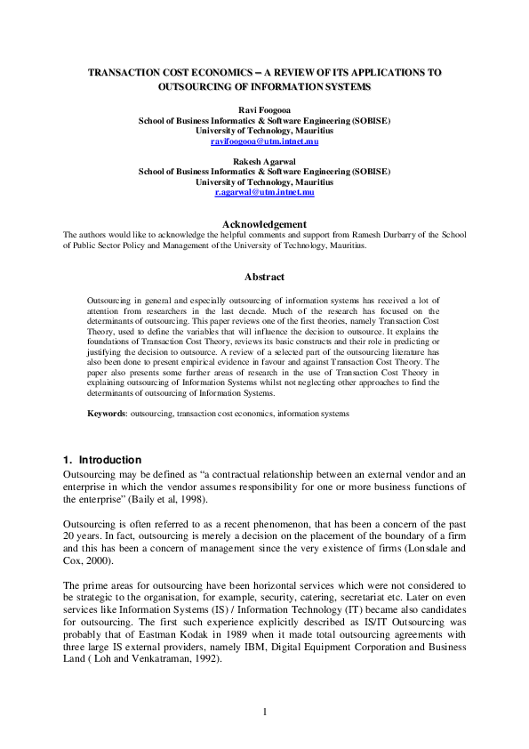 (PDF) Transaction Cost Economics - a review of its applications to ...