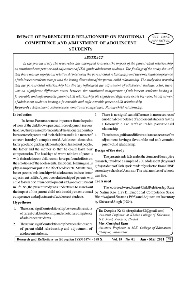 (PDF) IMPACT OF PARENT-CHILD RELATIONSHIP ON EMOTIONAL COMPETENCE AND ...