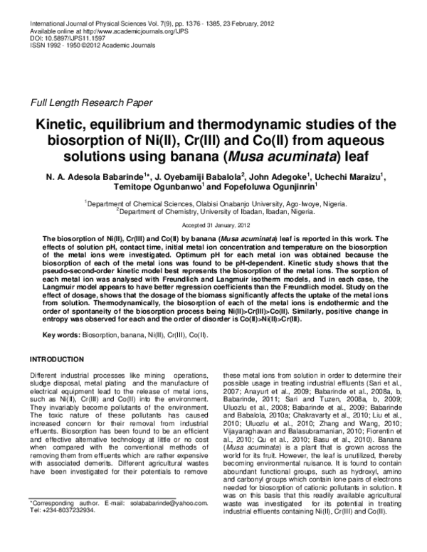 (PDF) Kinetic, equilibrium and thermodynamic studies of the biosorption ...