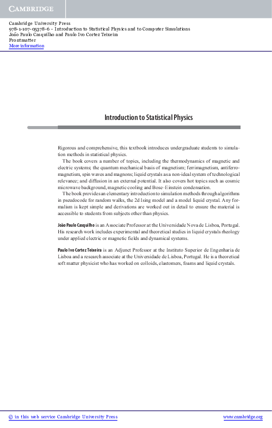 (PDF) Introduction to Statistical Physics and to Computer Simulations
