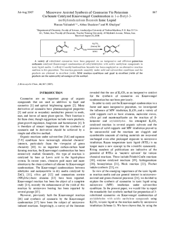 (PDF) Microwave assisted synthesis of coumarins via potassium carbonate ...