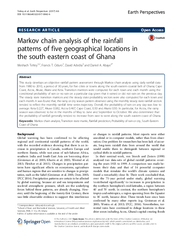 (PDF) Markov chain analysis of the rainfall patterns of five ...