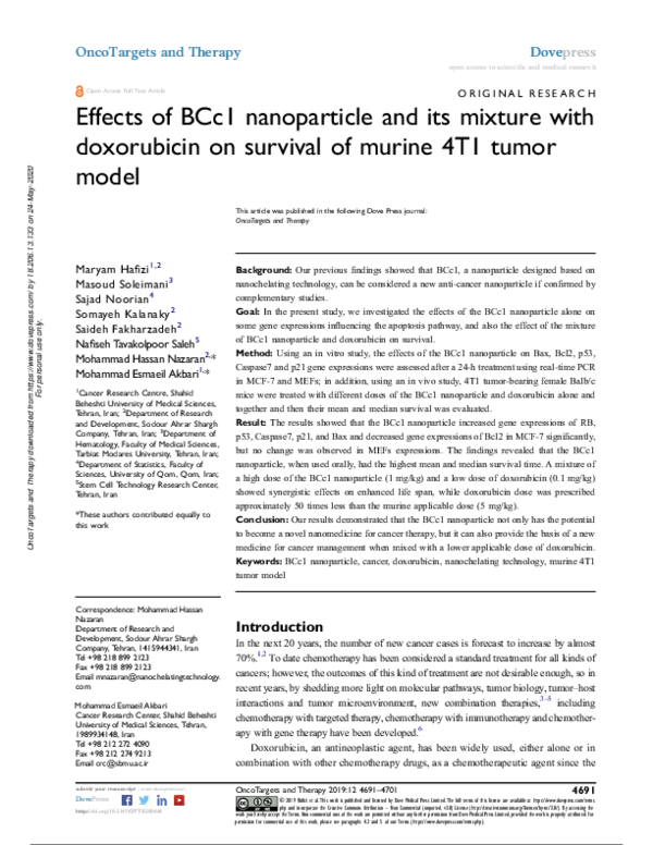 (PDF) Effects of BCc1 nanoparticle and its mixture with doxorubicin on ...