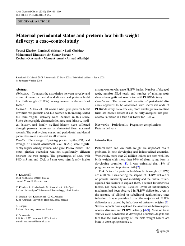 (PDF) Maternal periodontal status and preterm low birth weight delivery ...