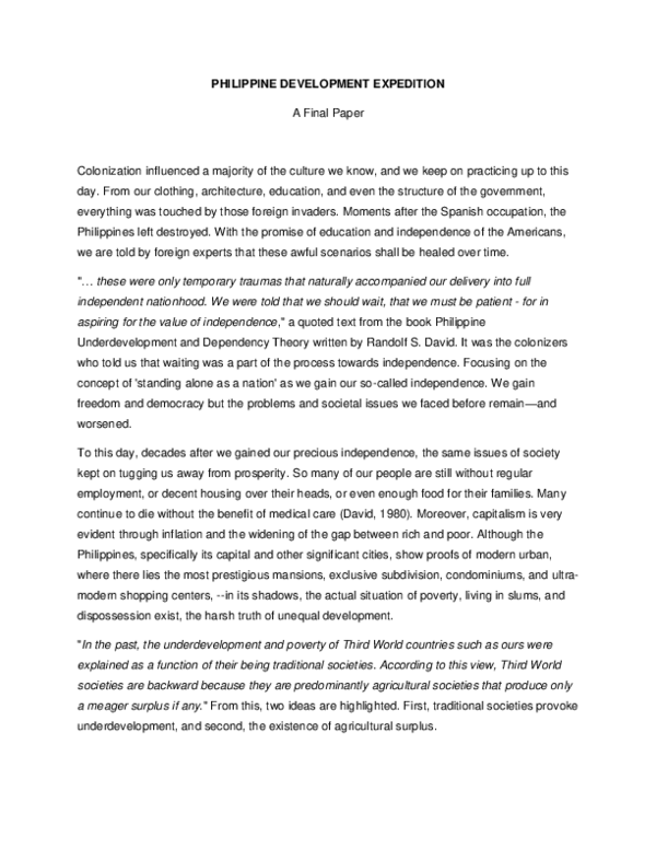 (PDF) Philippine Development Expedition [Final paper in Philippine
