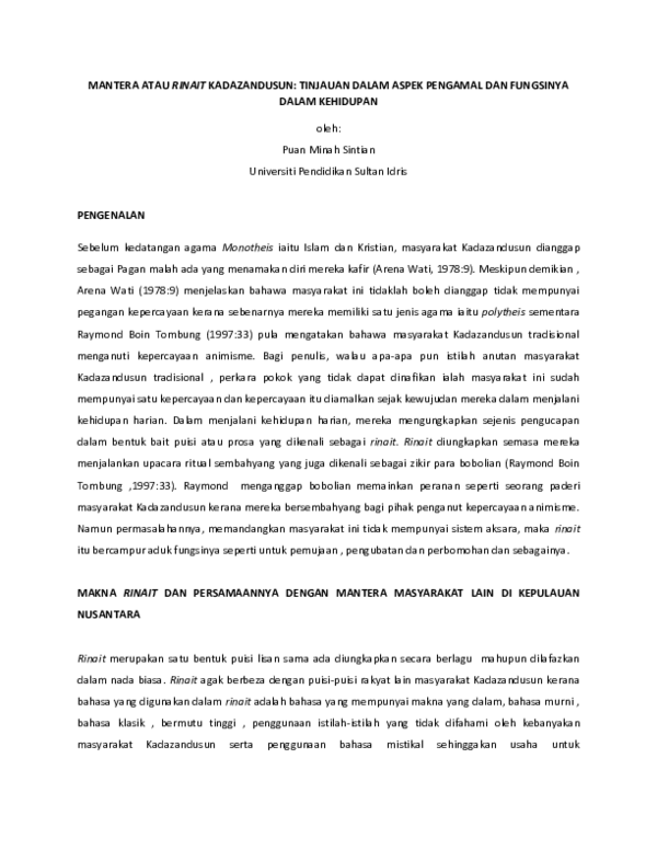 (PDF) Mantera Atau Rinait Kadazandusun: Tinjauan Dalam Aspek Pengamal ...