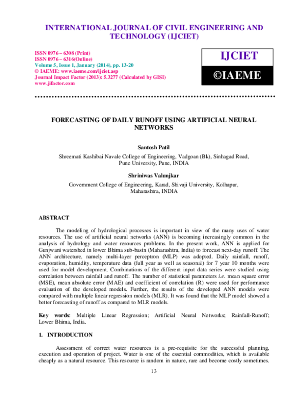 (PDF) Forecasting of Daily Runoff Using Artificial Neural Networks