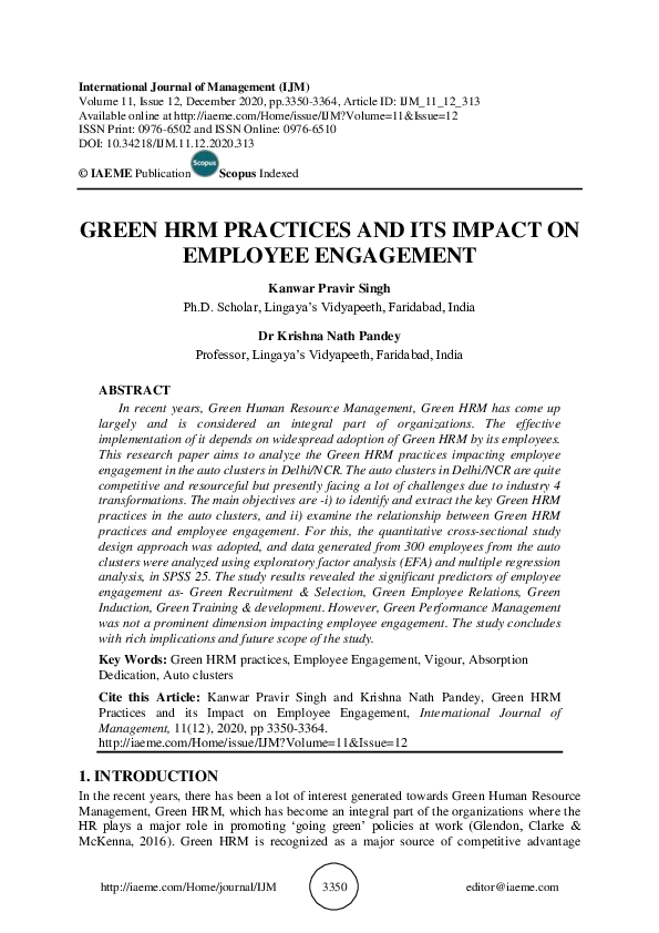 (PDF) GREEN HRM PRACTICES AND ITS IMPACT ON EMPLOYEE ENGAGEMENT