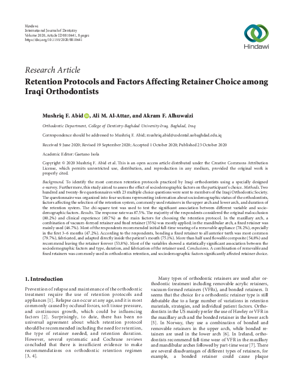 (PDF) Retention Protocols and Factors Affecting Retainer Choice among ...