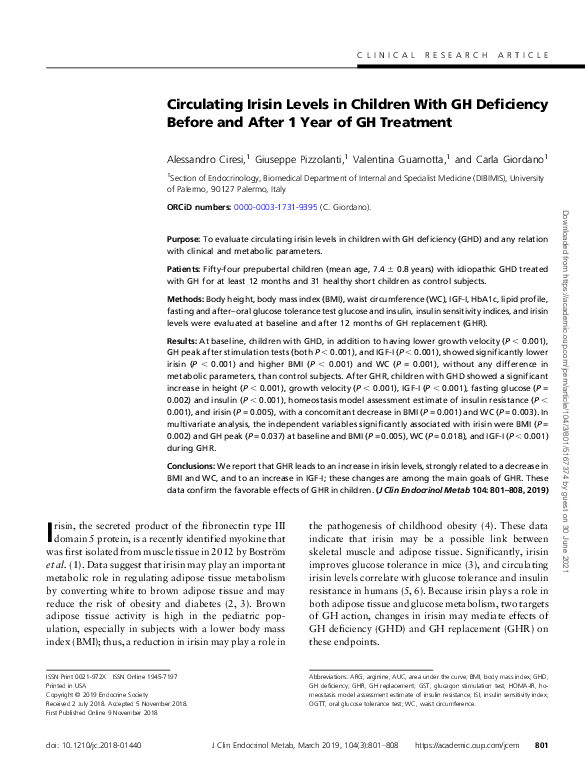 (PDF) Circulating irisin levels in children with growth hormone (GH ...