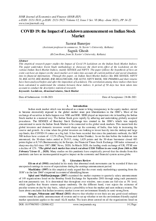 (PDF) COVID 19: the Impact of Lockdown announcement on Indian Stock Market