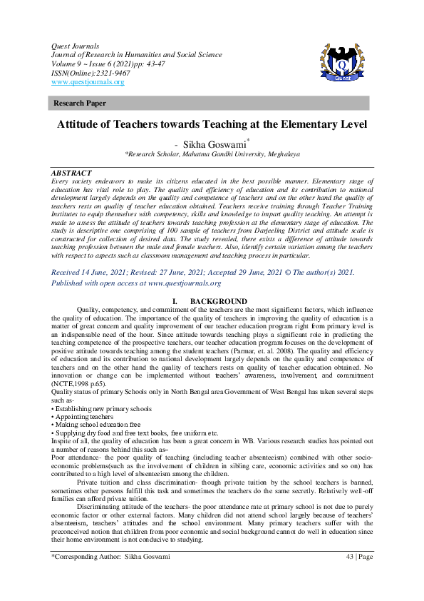 (PDF) Attitude of Teachers towards Teaching at the Elementary Level