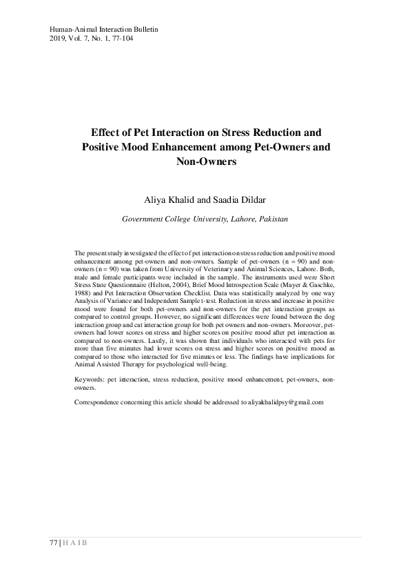 (PDF) Effect of Pet Interaction on Stress Reduction and Positive Mood ...