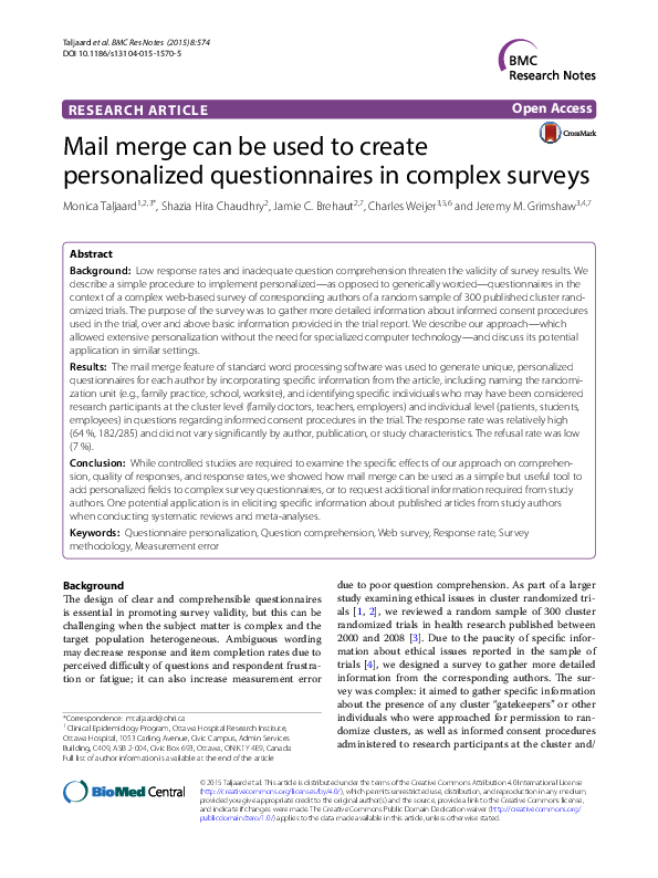 (PDF) Mail merge can be used to create personalized questionnaires in ...