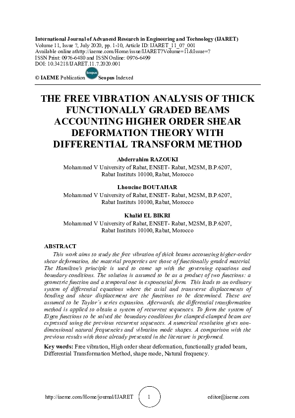 (PDF) THE FREE VIBRATION ANALYSIS OF THICK FUNCTIONALLY GRADED BEAMS ...