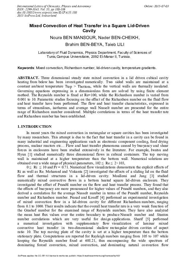 (PDF) Mixed Convection of Heat Transfer in a Square Lid-Driven Cavity