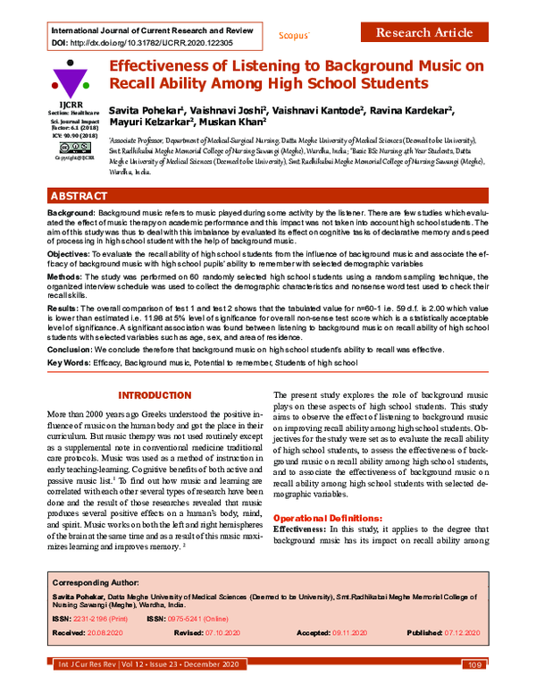 (PDF) Effectiveness of Listening to Background Music on Recall Ability ...
