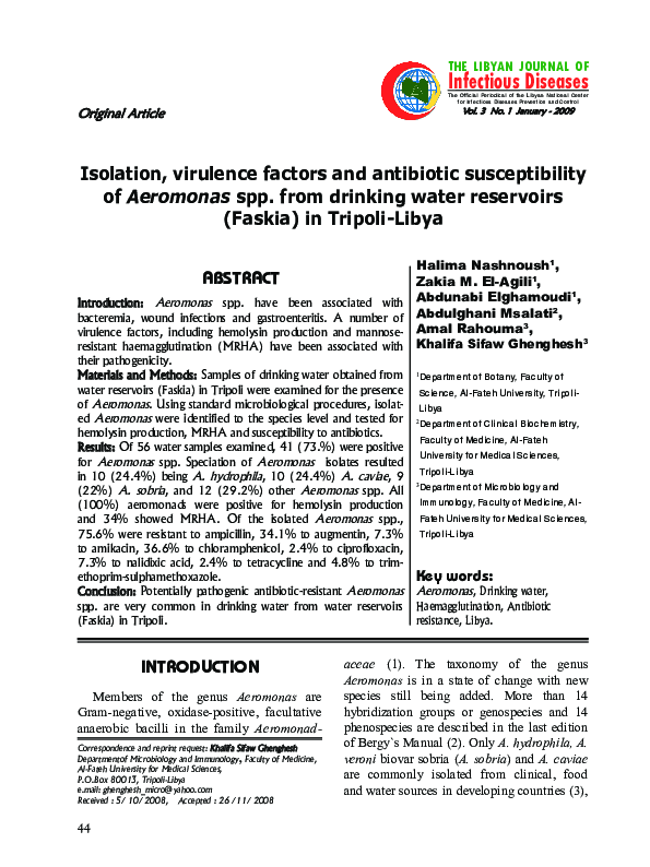 (PDF) Virulence factors and antibiotic susceptibility of Aeromonas spp ...